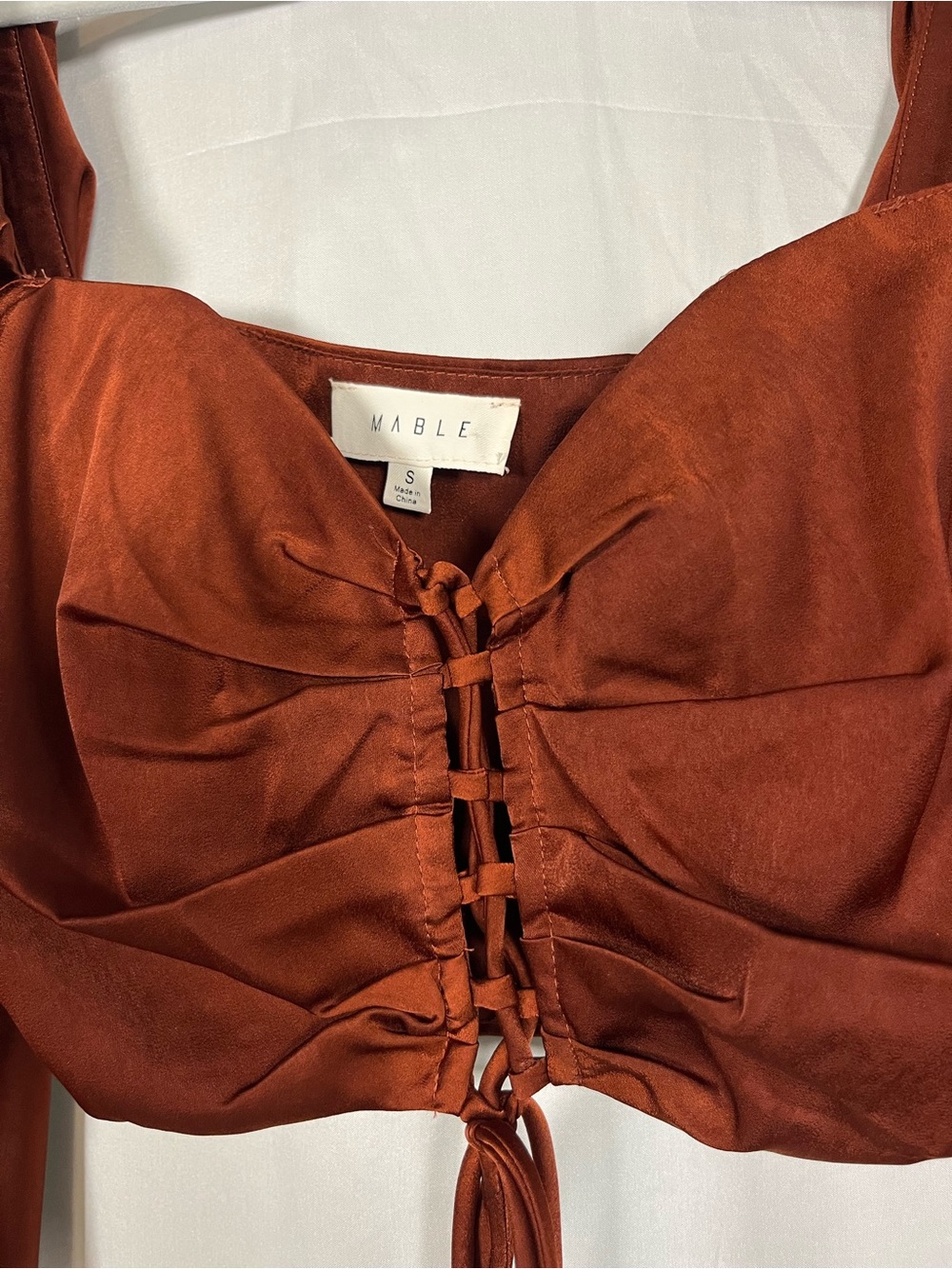 Mable rust satin corset lace up puff sleeve crop top sz s sexy night out - Picture 3 of 7